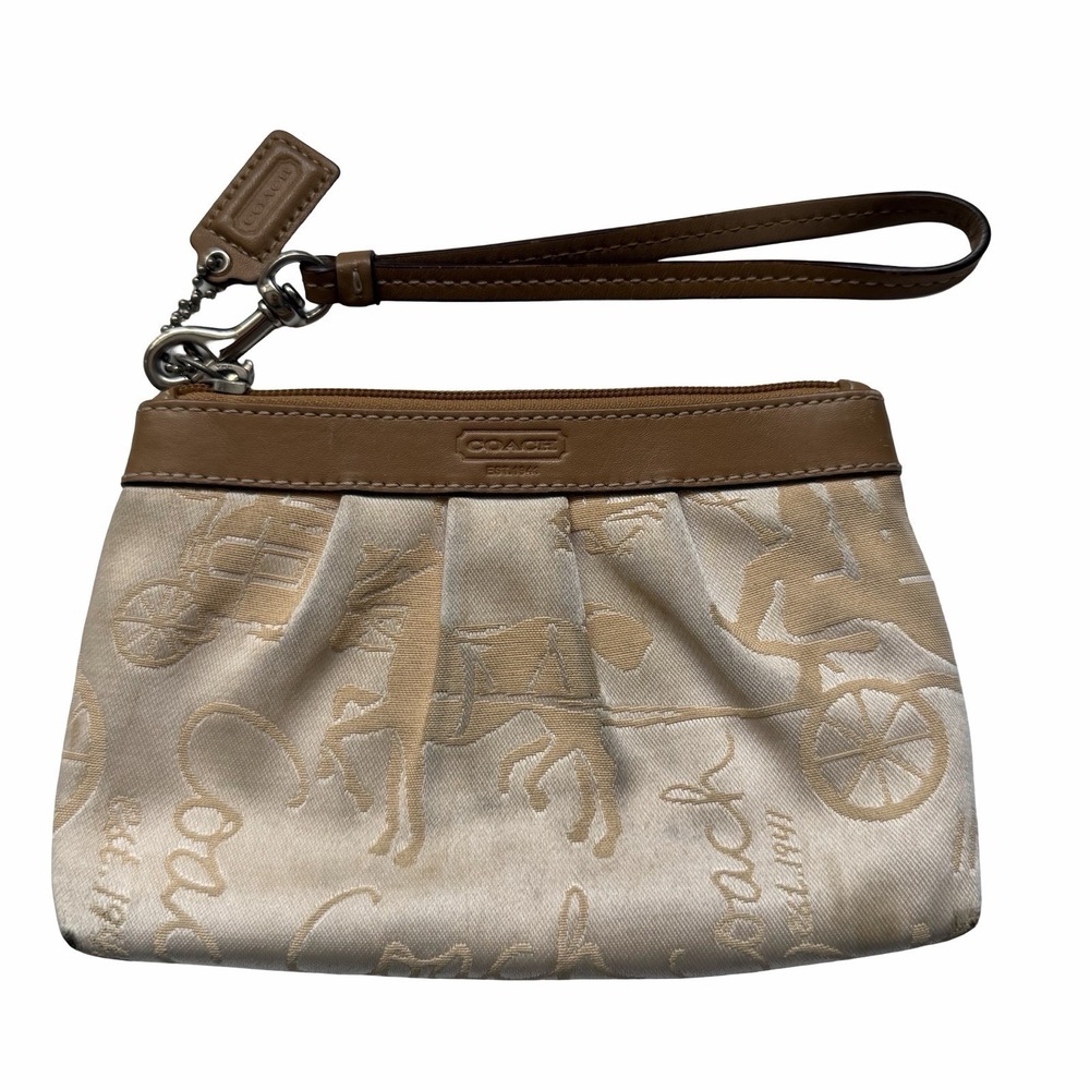 VTG Coach Pleated Monogram Zip Wallet Wristlet Brown Canvas Leather Coin Purse